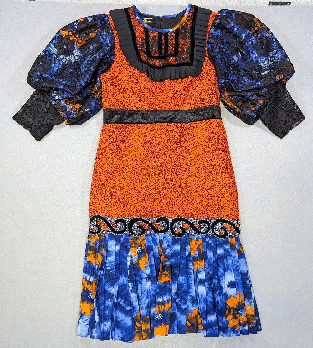 Odeva Nigerian Designer Dress Orange Blue Lace Puff Sleeve Coquette Embellished